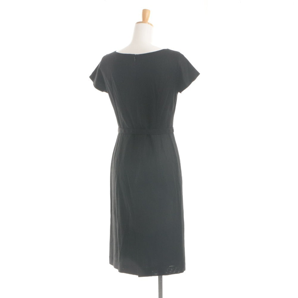 ■ ANNE KLEIN NEW YORK ワンピース ひざ丈 半袖 トップス ベルト付き フォーマル 日本製 麻 レディース 11 (L相当) 黒 ブラック