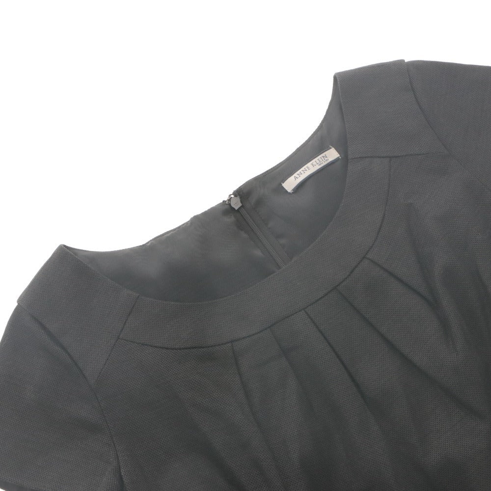 ■ ANNE KLEIN NEW YORK ワンピース ひざ丈 半袖 トップス ベルト付き フォーマル 日本製 麻 レディース 11 (L相当) 黒 ブラック