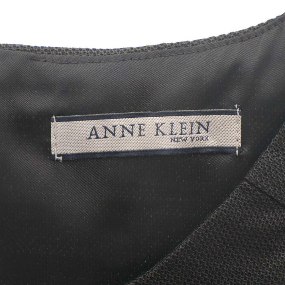 ■ ANNE KLEIN NEW YORK ワンピース ひざ丈 半袖 トップス ベルト付き フォーマル 日本製 麻 レディース 11 (L相当) 黒 ブラック