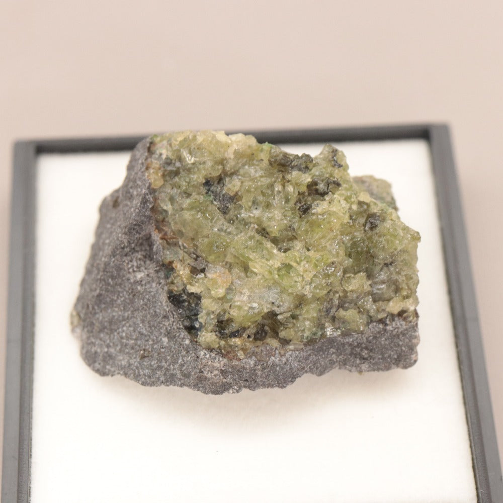 ■ Olivine in Basalt Olivine (Mg,Fe)2 SiO4 Arizona, U.S.A. Tester reaction: positive. Volcanic rock, weighing approx. 10g, length 2.7cm.