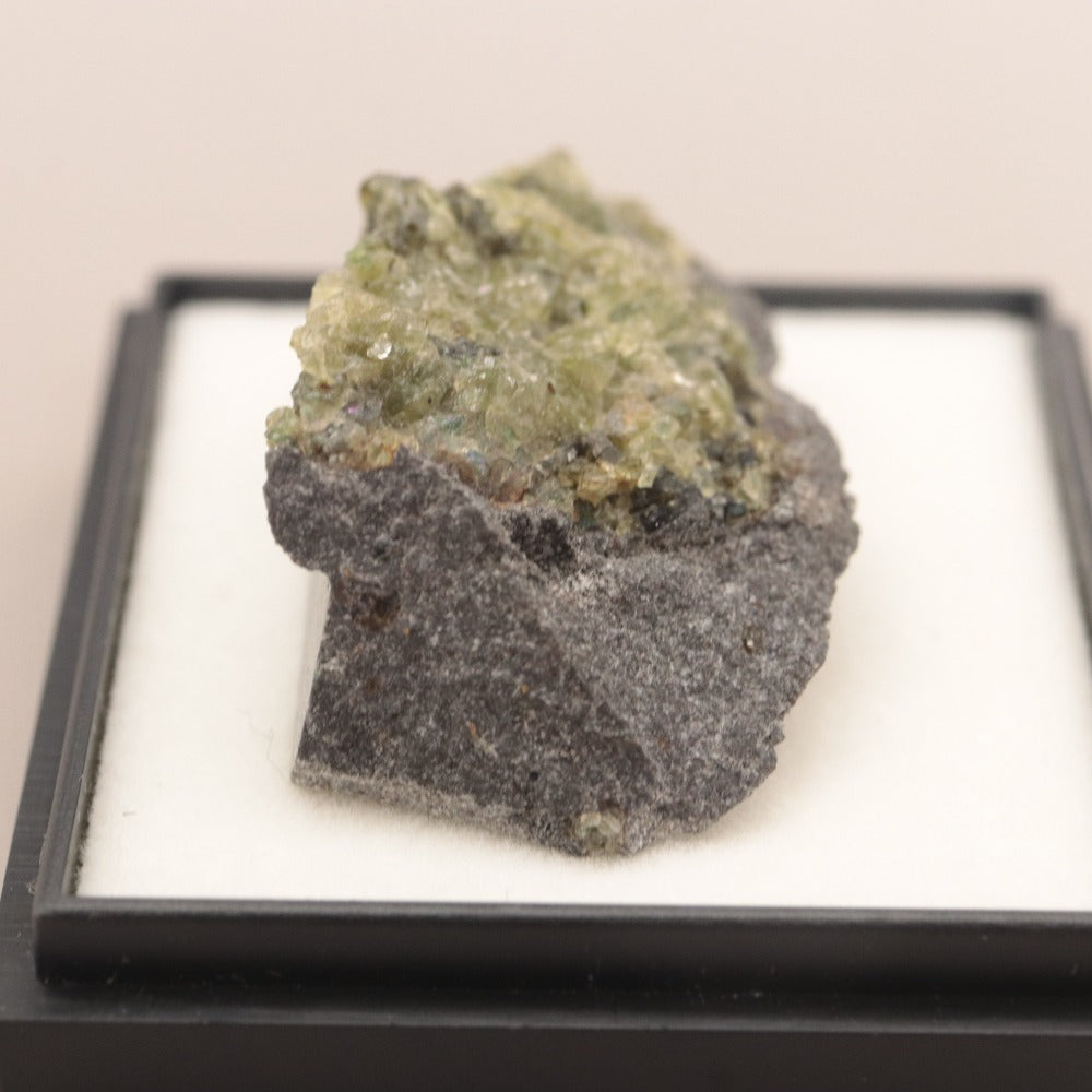 ■ Olivine in Basalt Olivine (Mg,Fe)2 SiO4 Arizona, U.S.A. Tester reaction: positive. Volcanic rock, weighing approx. 10g, length 2.7cm.