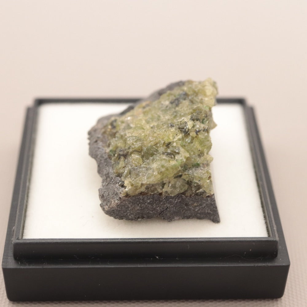 ■ Olivine in Basalt Olivine (Mg,Fe)2 SiO4 Arizona, U.S.A. Tester reaction: positive. Volcanic rock, weighing approx. 10g, length 2.7cm.