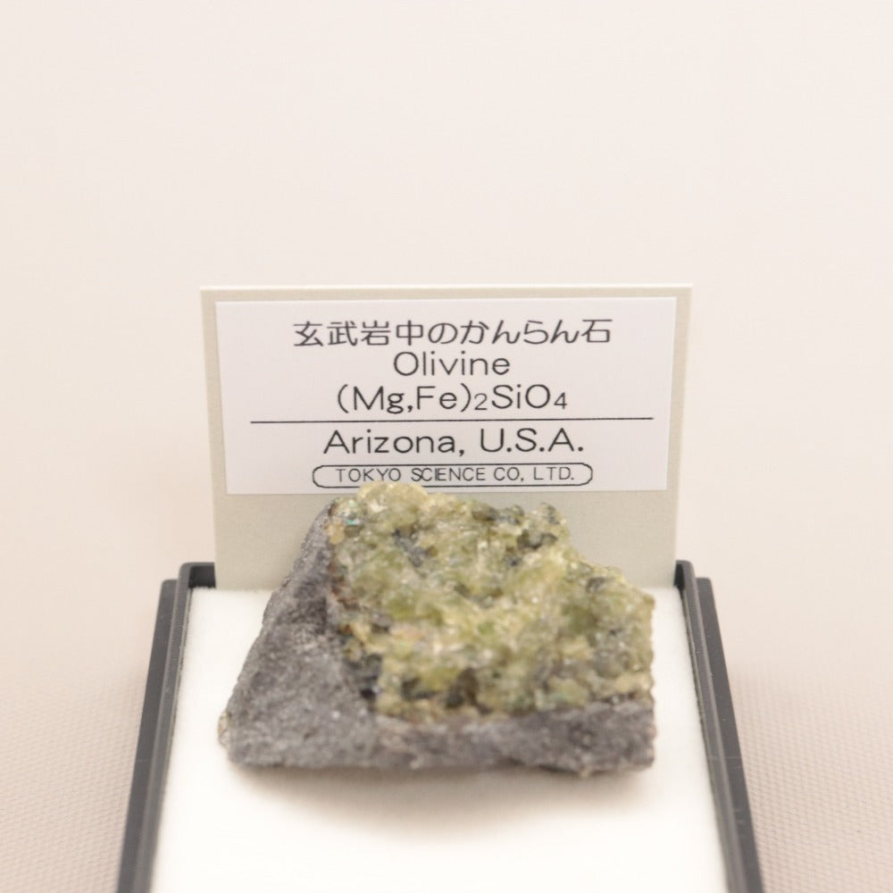 ■ Olivine in Basalt Olivine (Mg,Fe)2 SiO4 Arizona, U.S.A. Tester reaction: positive. Volcanic rock, weighing approx. 10g, length 2.7cm.