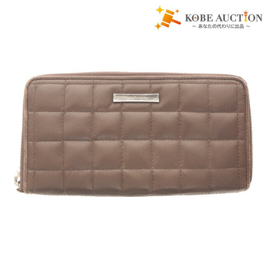 ■ GARNI&Co. Garni Long Wallet Round Zipper Grid Square Quilted Leather Logo Plate Coin Bill Card Holder Men's Brown