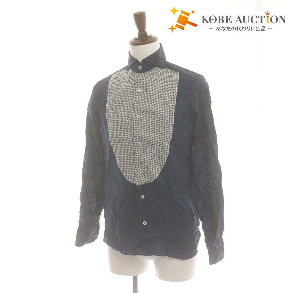 ■ Mario Muscariello Shirt, Bosom Shirt, Long-Sleeved Top, Patterned, Linen, Men's, 38 15, Navy