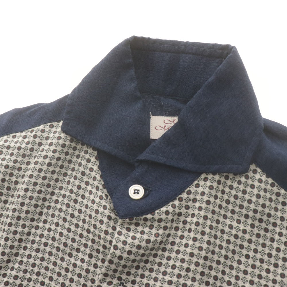 ■ Mario Muscariello Shirt, Bosom Shirt, Long-Sleeved Top, Patterned, Linen, Men's, 38 15, Navy