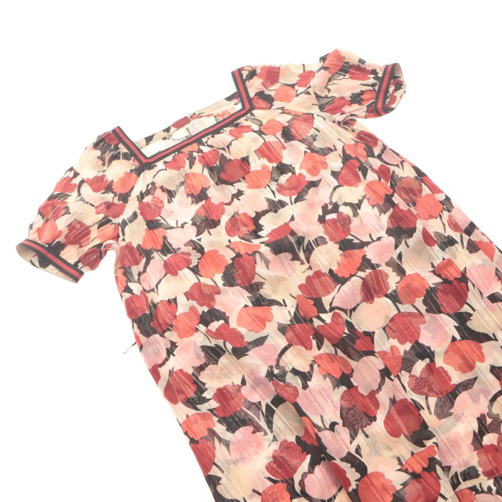 ■ ラピカ Lapica ワンピース ひざ丈 半袖 トップス ベルト付き 昭和レトロ風 花柄 綿 レディース 9 (M相当) 赤 ピンク ベージュ系 等