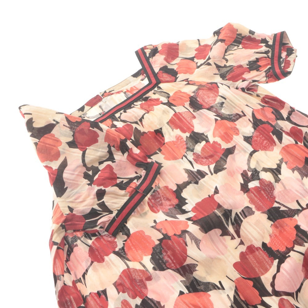 ■ ラピカ Lapica ワンピース ひざ丈 半袖 トップス ベルト付き 昭和レトロ風 花柄 綿 レディース 9 (M相当) 赤 ピンク ベージュ系 等