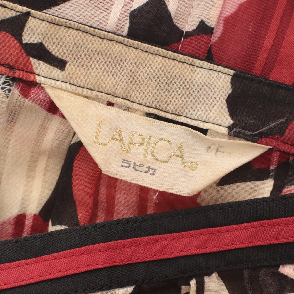 ■ ラピカ Lapica ワンピース ひざ丈 半袖 トップス ベルト付き 昭和レトロ風 花柄 綿 レディース 9 (M相当) 赤 ピンク ベージュ系 等