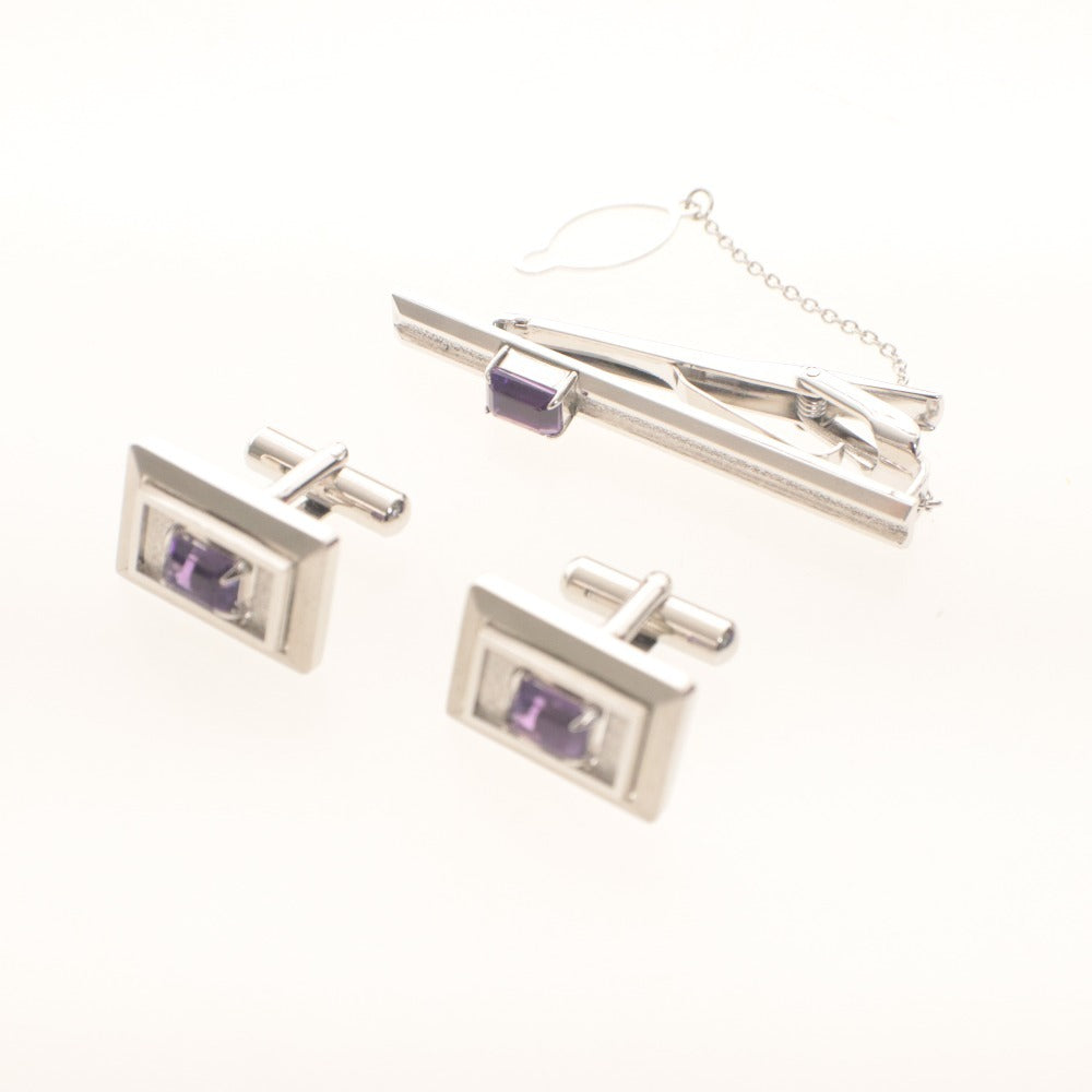 ■ ネクタイピン カフスボタン 6点セット まとめ売り テスター反応〇 アメジスト/アワビ貝/Caldbeck/金色 等 総重量68g ケース付き 未使用