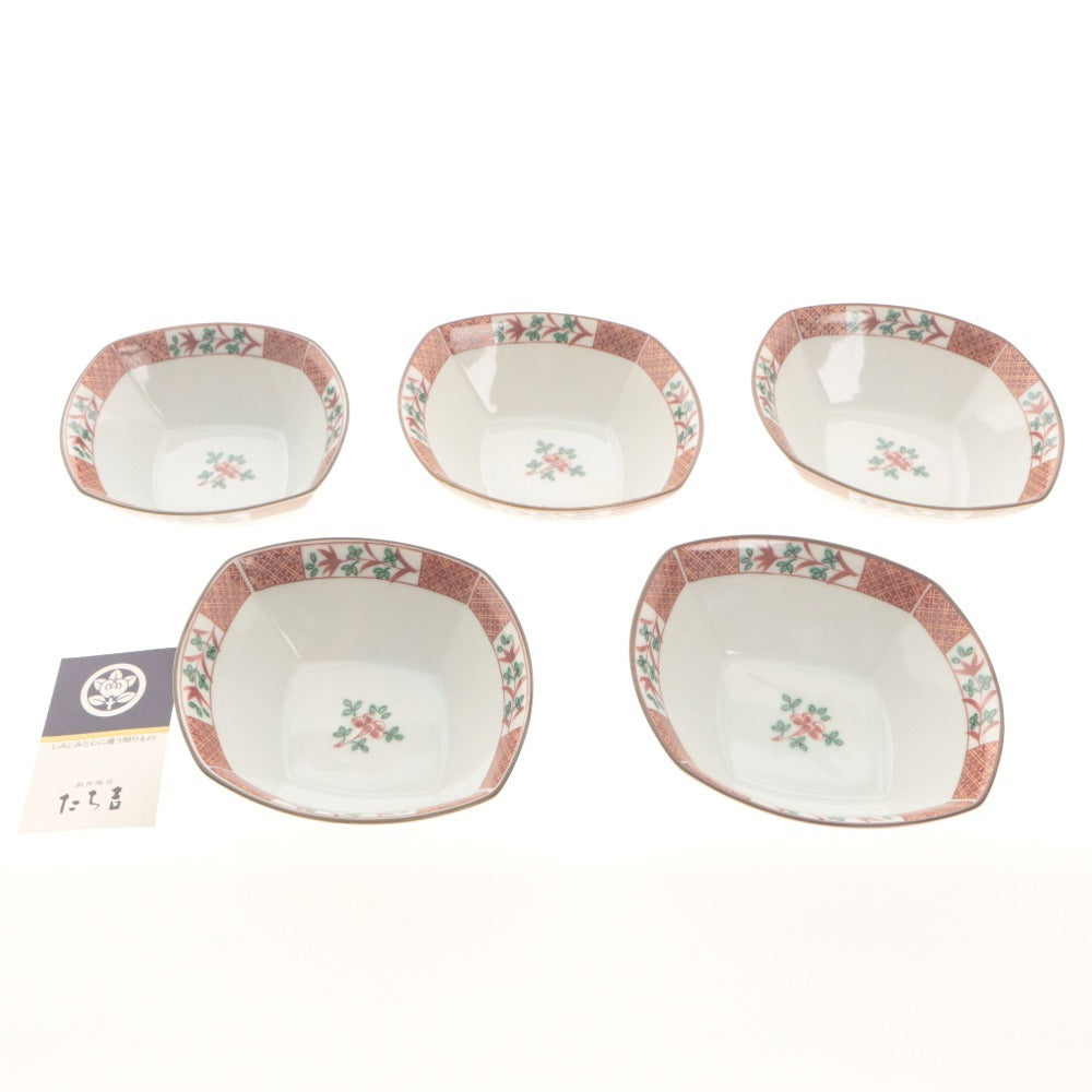 ■ たち吉 橘吉 小鉢 5枚/客セット まとめ売り 金彩花赤絵 菱形中鉢 全長17.3cm 食器皿 陶印 陶器 箱付き 未使用(汚有)