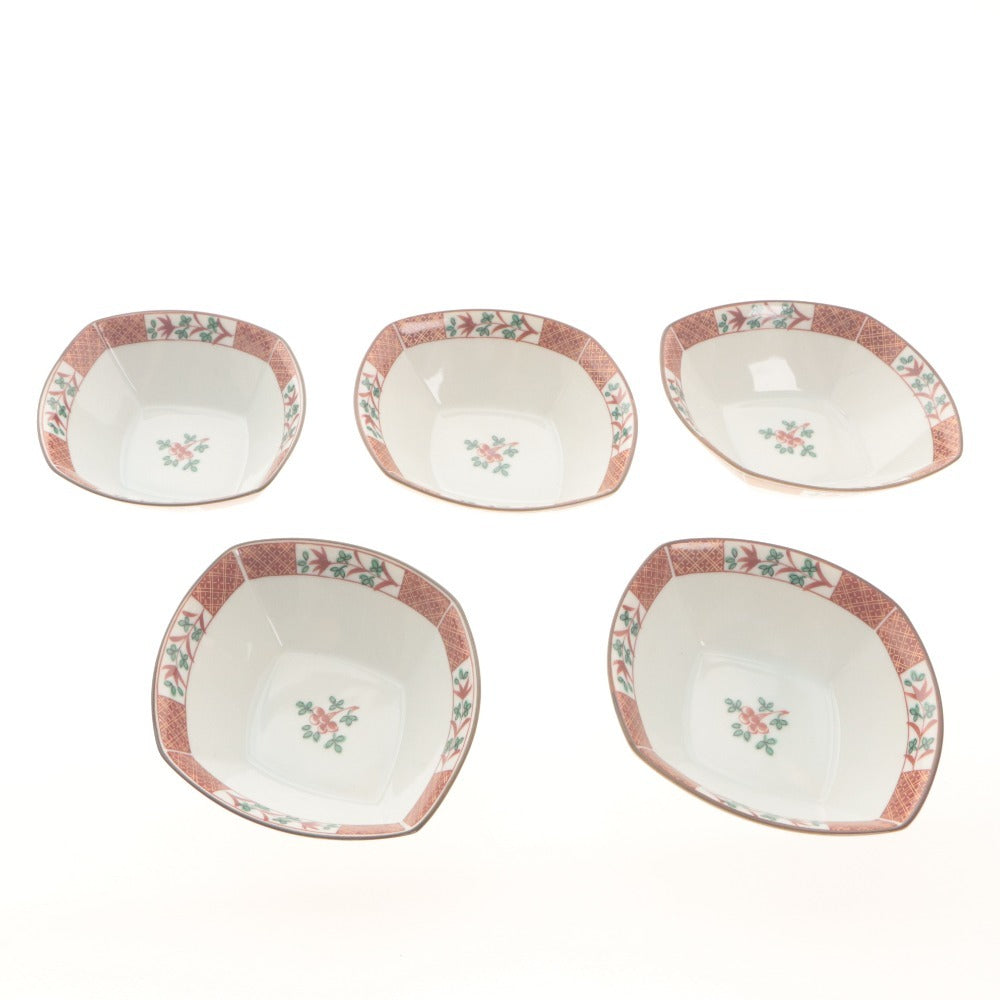 ■ たち吉 橘吉 小鉢 5枚/客セット まとめ売り 金彩花赤絵 菱形中鉢 全長17.3cm 食器皿 陶印 陶器 箱付き 未使用(汚有)