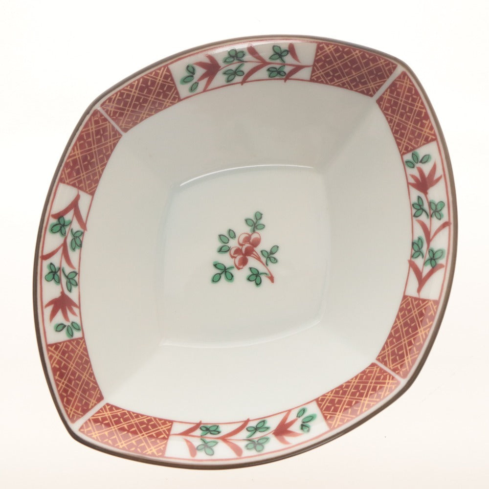 ■ たち吉 橘吉 小鉢 5枚/客セット まとめ売り 金彩花赤絵 菱形中鉢 全長17.3cm 食器皿 陶印 陶器 箱付き 未使用(汚有)