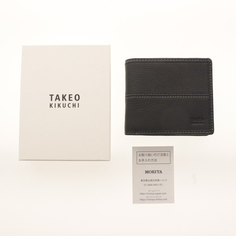 ■ TAKEO KIKUCHI タケオキクチ 二つ折り財布 牛革 本革 レザー センターステッチ 小銭 札 カード入れ メンズ 黒/ブラック 箱付き 未使用