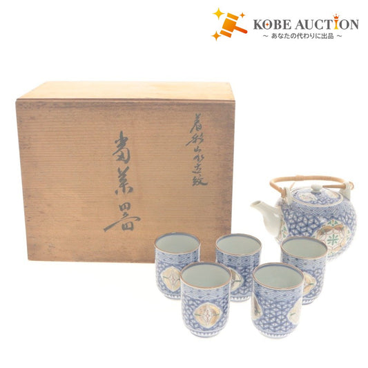 ■ Teapot and 5 Cups Set Japanese Tableware Tea Utensils Pottery With Wooden Box