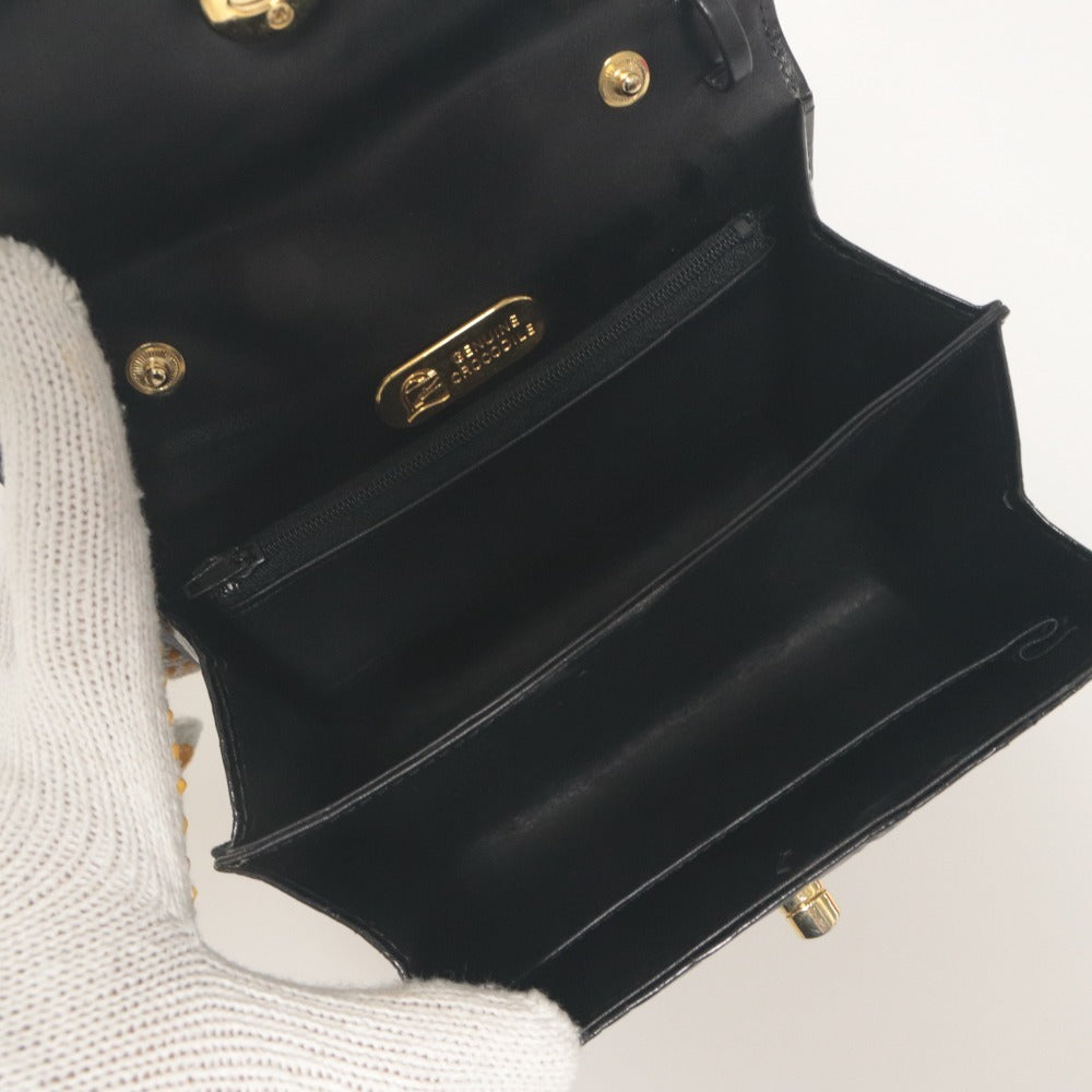 ■ GENUINE CROCODILE ハンドバッグ ショルダーバッグ 鞄 ファスナー ポケット ゴールド金具 クロコダイル レディース ブラック