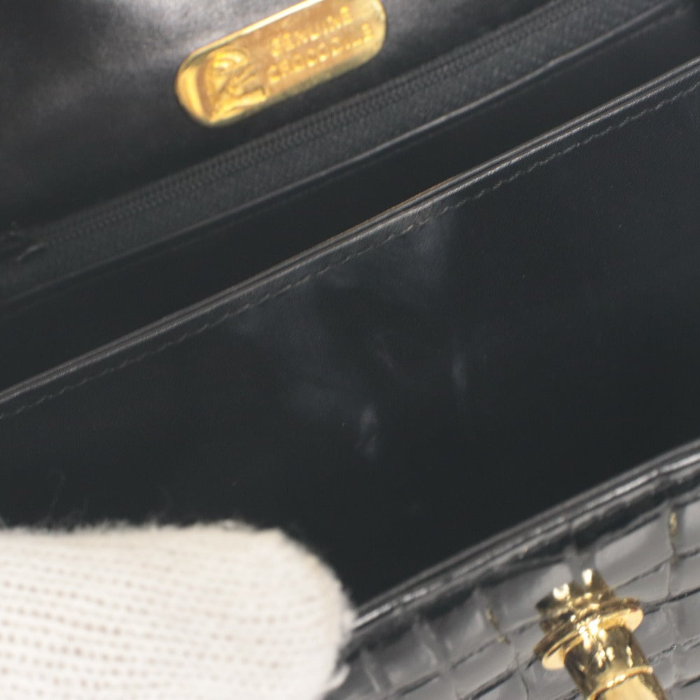 ■ GENUINE CROCODILE ハンドバッグ ショルダーバッグ 鞄 ファスナー ポケット ゴールド金具 クロコダイル レディース ブラック