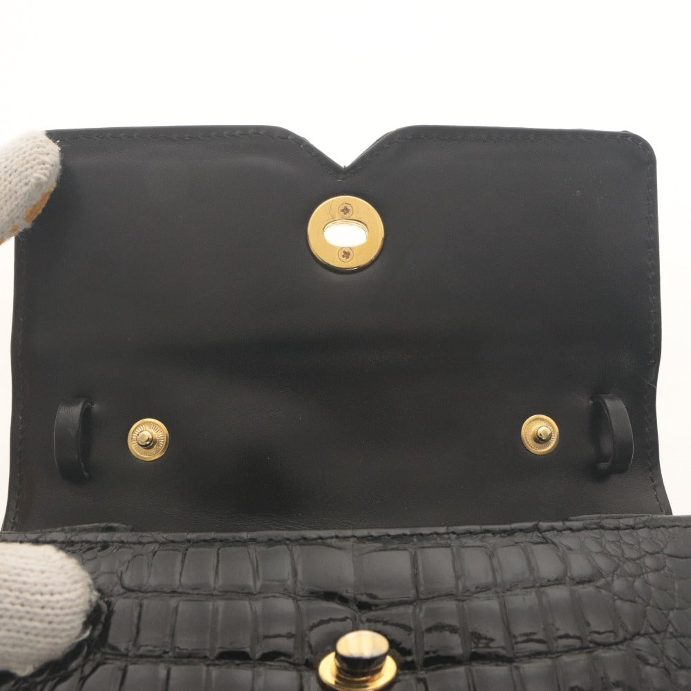 ■ GENUINE CROCODILE ハンドバッグ ショルダーバッグ 鞄 ファスナー ポケット ゴールド金具 クロコダイル レディース ブラック