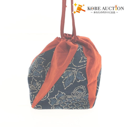 ■ Drawstring Bag, Japanese-style, Kimono, Handbag, Patterned, Women's, Men's, Navy, Reddish-Brown