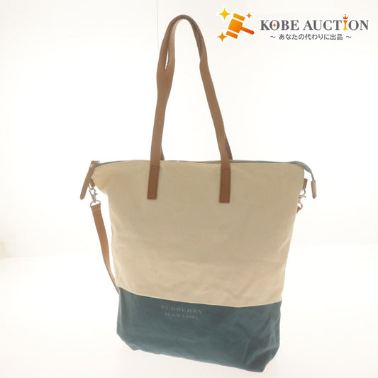 ■ BURBERRY BLACK LABEL Tote Bag Shoulder Bag Canvas Men's Ivory Blue-Green