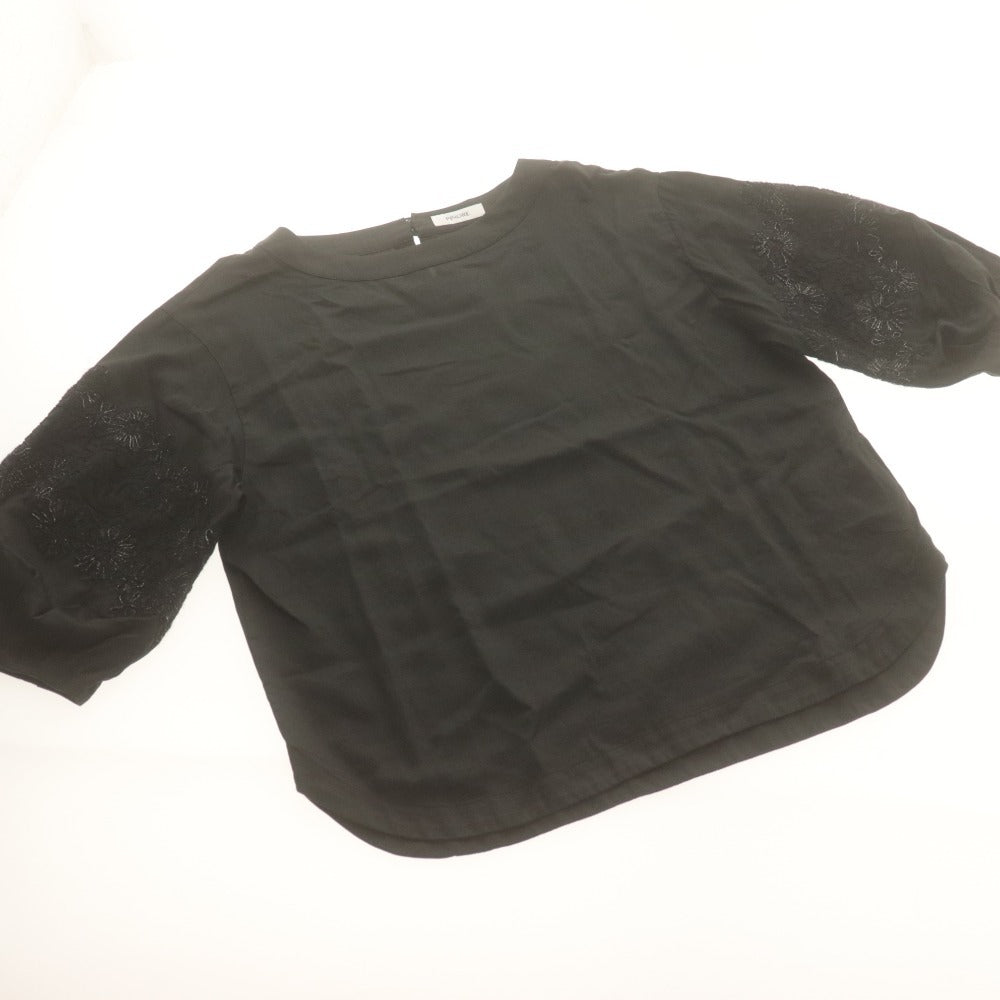 ■ ピノーレ PINORE ブラウス 七分袖 トップス プルオーバー ボリュームスリーブ レース 刺繍 レディース 40(L相当）ブラック