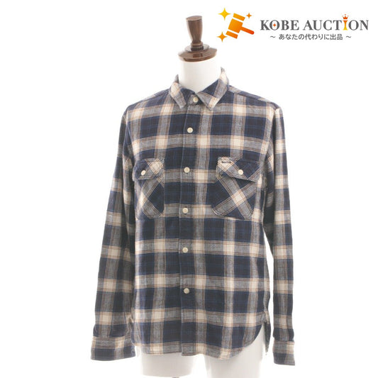 ■ BURGUS PLUS Shirt Top Collar Long Sleeve Button Chest Pocket Plaid Men's L Navy/Blue Tone