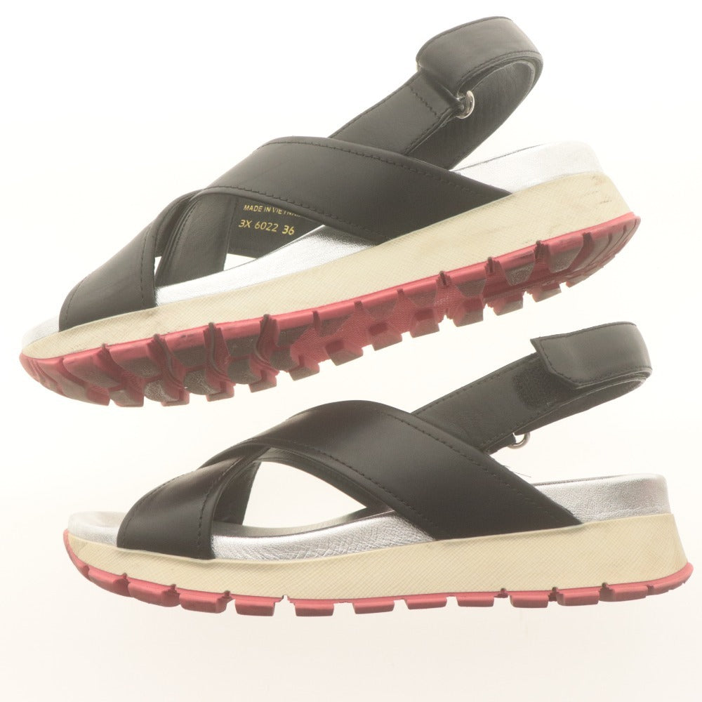 ■ プラダ PRADA サンダル 靴 クロスストラップ プラットフォーム スポーツサンダル レディース 36(23cm相当）シルバー ブラック系 箱付き