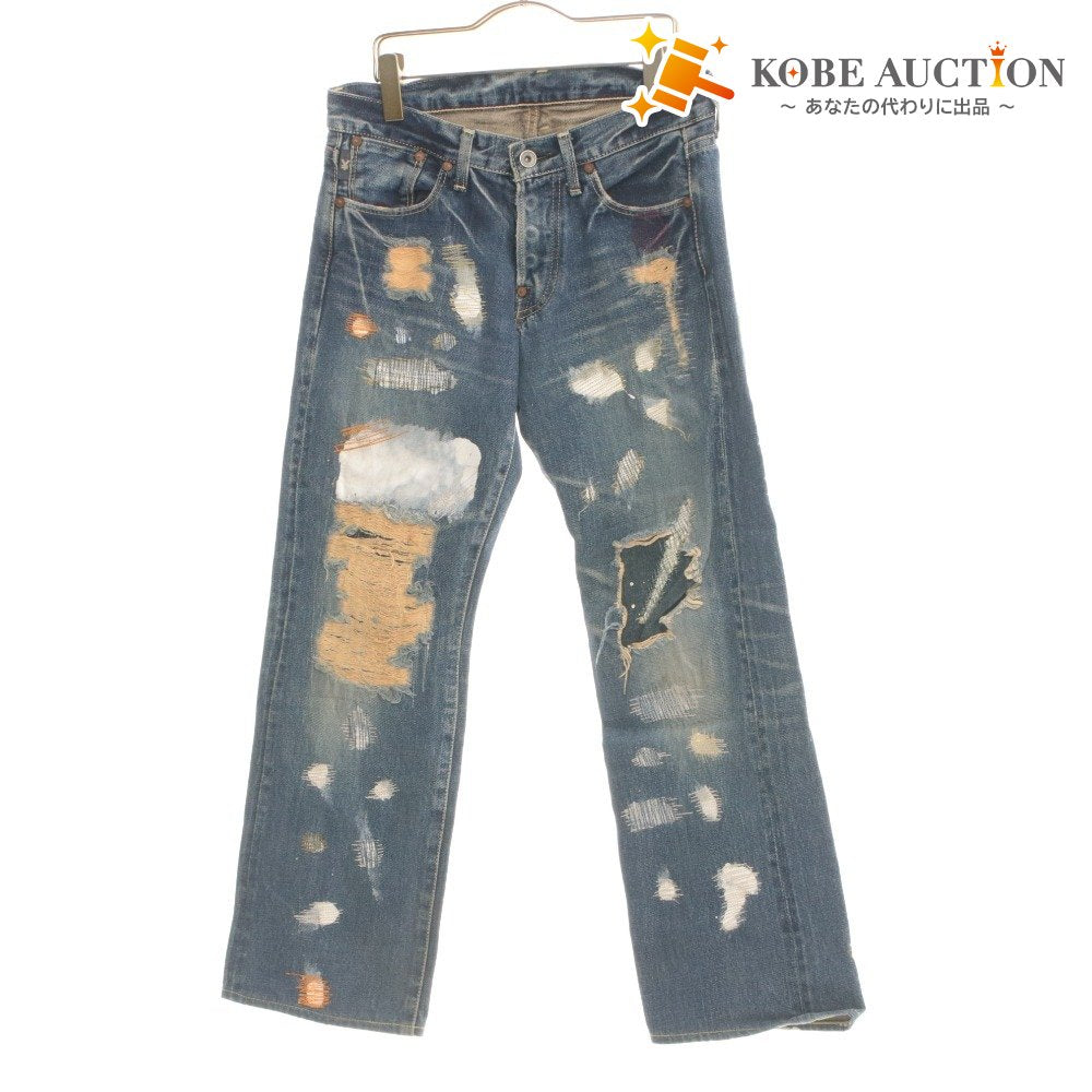 ■ YEN JEANS エンジーンズ ジーンズ パンツ ボトムス デニム ダメージ ペイント ボタンフライ メンズ レディース 28 インディゴブルー