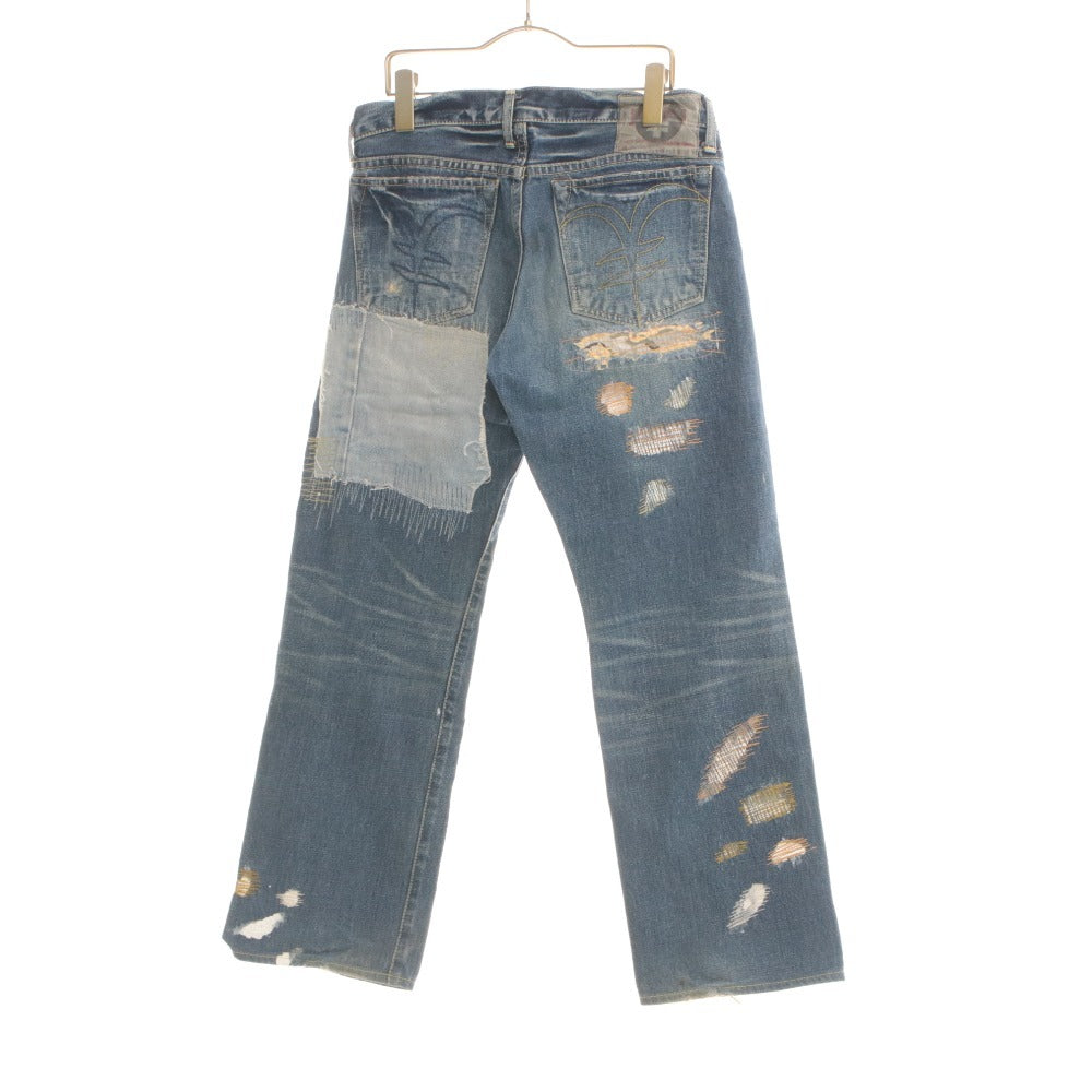■ YEN JEANS エンジーンズ ジーンズ パンツ ボトムス デニム ダメージ ペイント ボタンフライ メンズ レディース 28 インディゴブルー