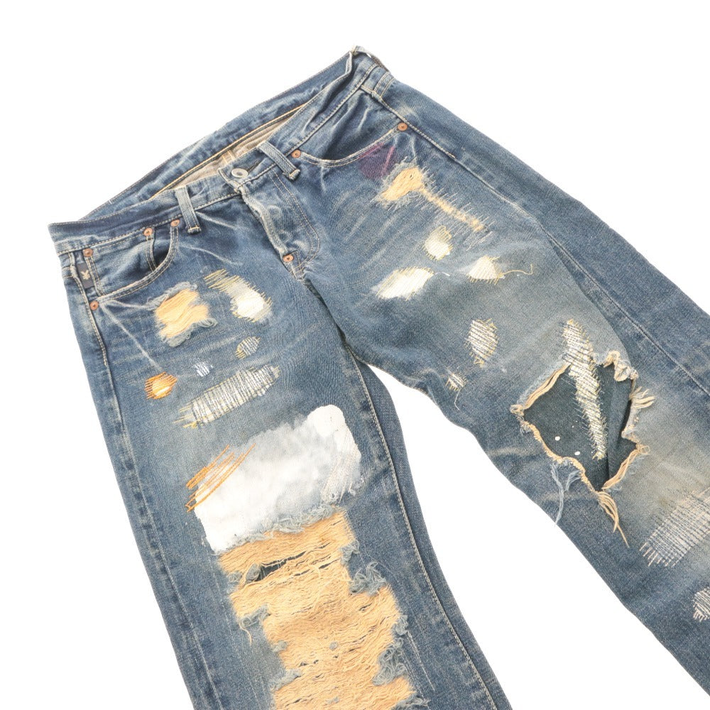 ■ YEN JEANS エンジーンズ ジーンズ パンツ ボトムス デニム ダメージ ペイント ボタンフライ メンズ レディース 28 インディゴブルー