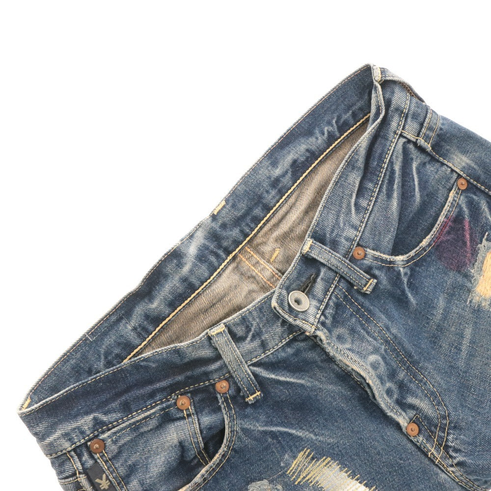 ■ YEN JEANS エンジーンズ ジーンズ パンツ ボトムス デニム ダメージ ペイント ボタンフライ メンズ レディース 28 インディゴブルー