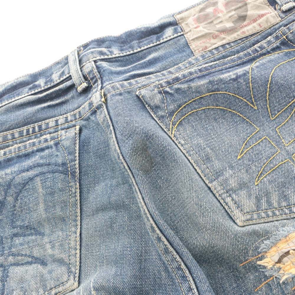■ YEN JEANS エンジーンズ ジーンズ パンツ ボトムス デニム ダメージ ペイント ボタンフライ メンズ レディース 28 インディゴブルー
