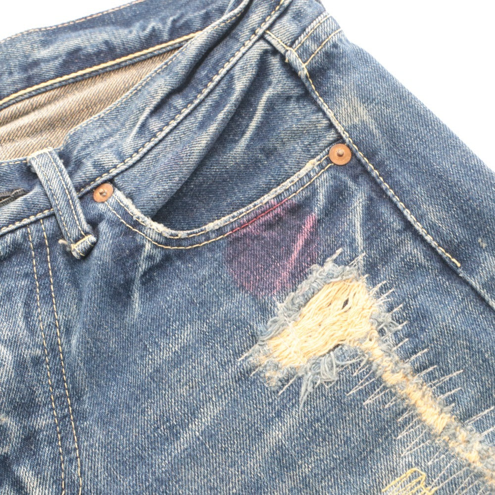 ■ YEN JEANS エンジーンズ ジーンズ パンツ ボトムス デニム ダメージ ペイント ボタンフライ メンズ レディース 28 インディゴブルー