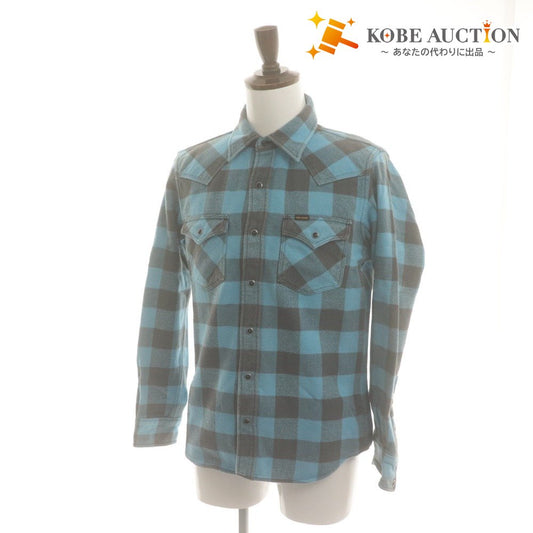 ■ IRON HEART Western Shirt Long Sleeve Top Outerwear Ultra Heavy Flannel Buffalo Check Men's M Light Blue Gray