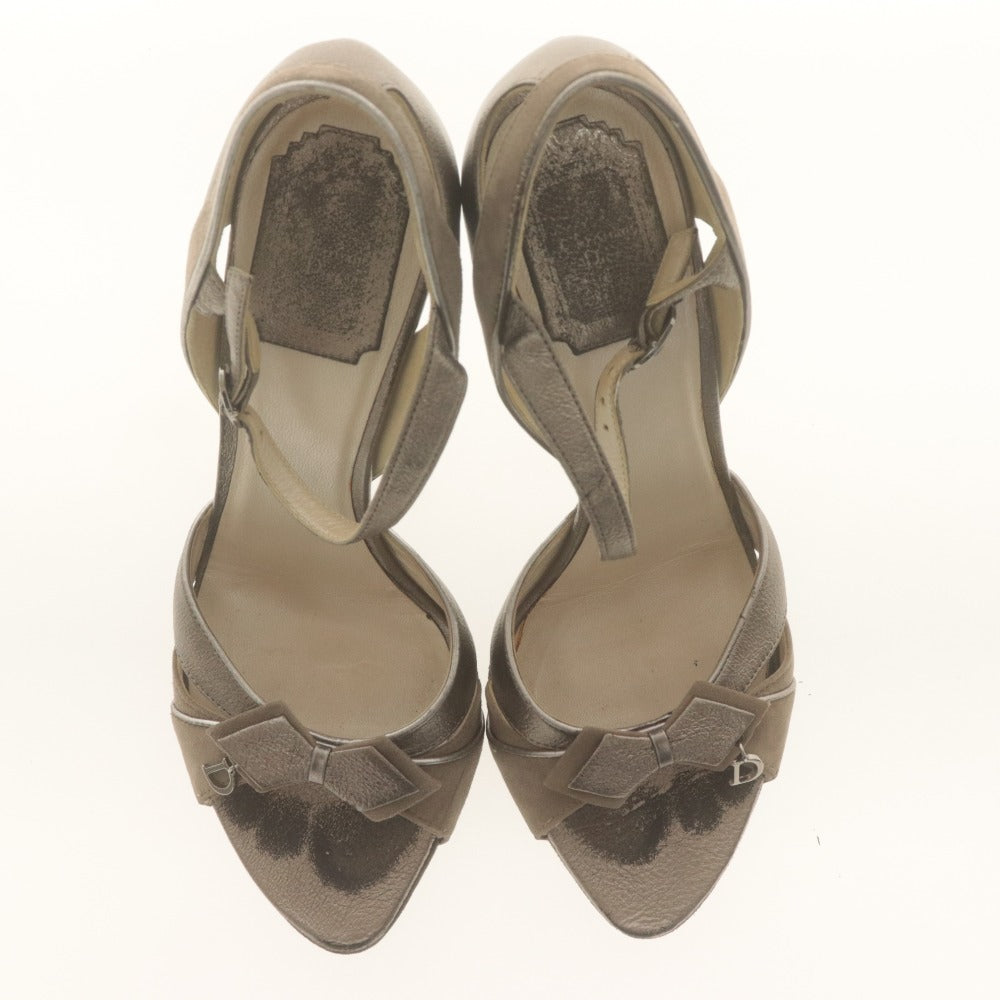 ■ Dior ディオール ヒール サンダル 靴 リボン シルバー金具 レディース 36 1/2 (23.5cm相当) シルバー系 ベージュ系