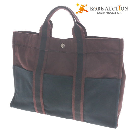 ● エルメス トートバッグ フールトゥ MM 鞄 ハンドバッグ 手提げ コットンキャンバス 2トーンカラー レディース ネイビー ボルドー系