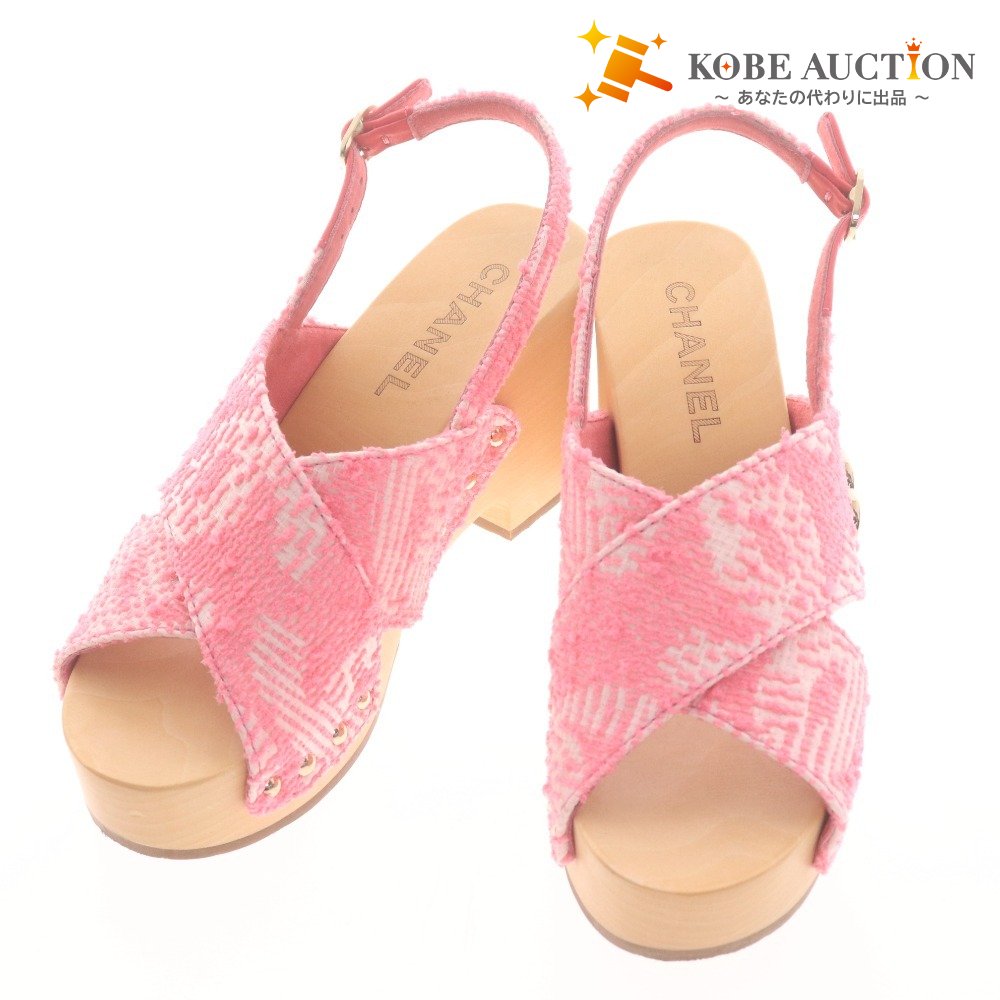 ■ シャネル サンダル G45389 靴 ウェッジソール ツイード ココマーク クローバー レディース 35C （22.5cm相当）ピンク 箱付き