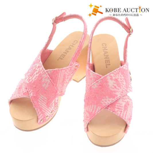 ■ シャネル サンダル G45389 靴 ウェッジソール ツイード ココマーク クローバー レディース 35C （22.5cm相当）ピンク 箱付き
