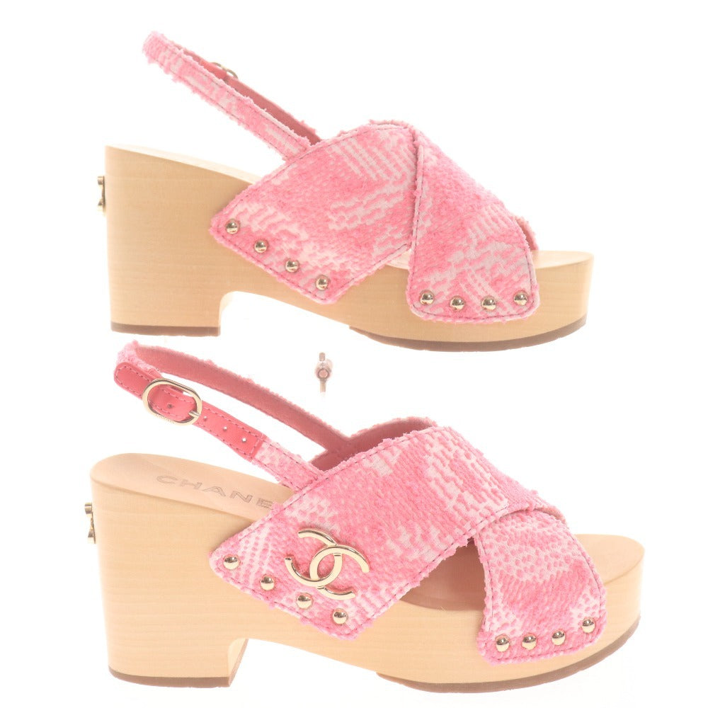 ■ シャネル サンダル G45389 靴 ウェッジソール ツイード ココマーク クローバー レディース 35C （22.5cm相当）ピンク 箱付き