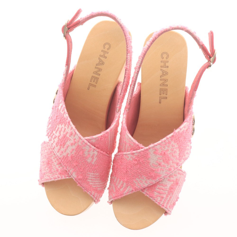 ■ シャネル サンダル G45389 靴 ウェッジソール ツイード ココマーク クローバー レディース 35C （22.5cm相当）ピンク 箱付き