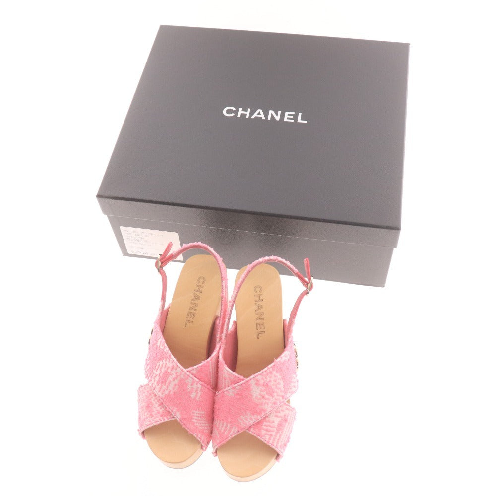 ■ シャネル サンダル G45389 靴 ウェッジソール ツイード ココマーク クローバー レディース 35C （22.5cm相当）ピンク 箱付き