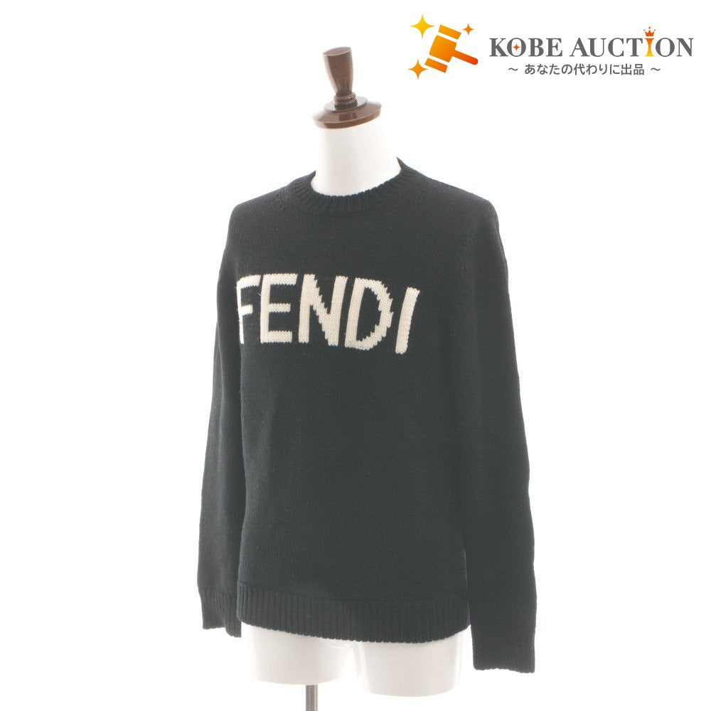■ FENDI フェンディ ニット セーター トップス 長袖 丸首 ロゴ イタリア製 メンズ レディース 46 ブラック