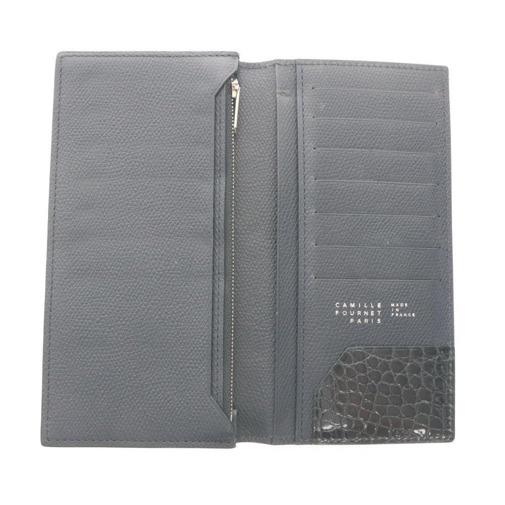 ■ Camille Fournet Long Wallet, Calf Leather x Alligator, Bill Compartment, Coin Pocket, Men's, Navy