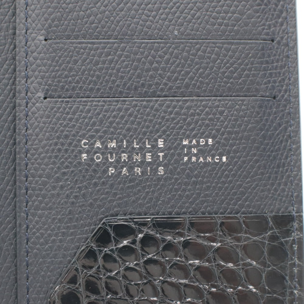 ■ Camille Fournet Long Wallet, Calf Leather x Alligator, Bill Compartment, Coin Pocket, Men's, Navy