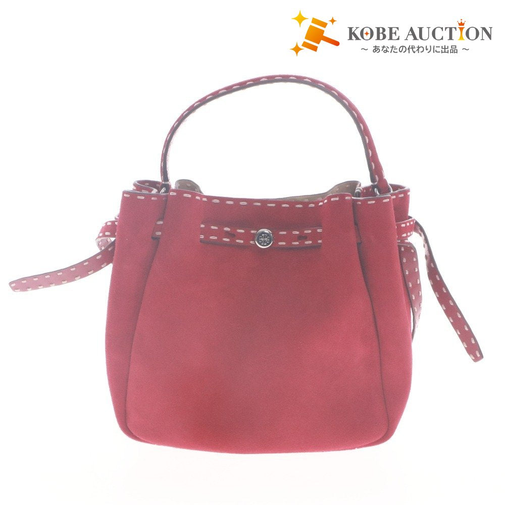 ■ TORY BURCH ハンドバッグ ショルダー付き 2way 鞄 ロミー スエード ピックステッチ バケット レディース レッド赤 袋,タグ付き